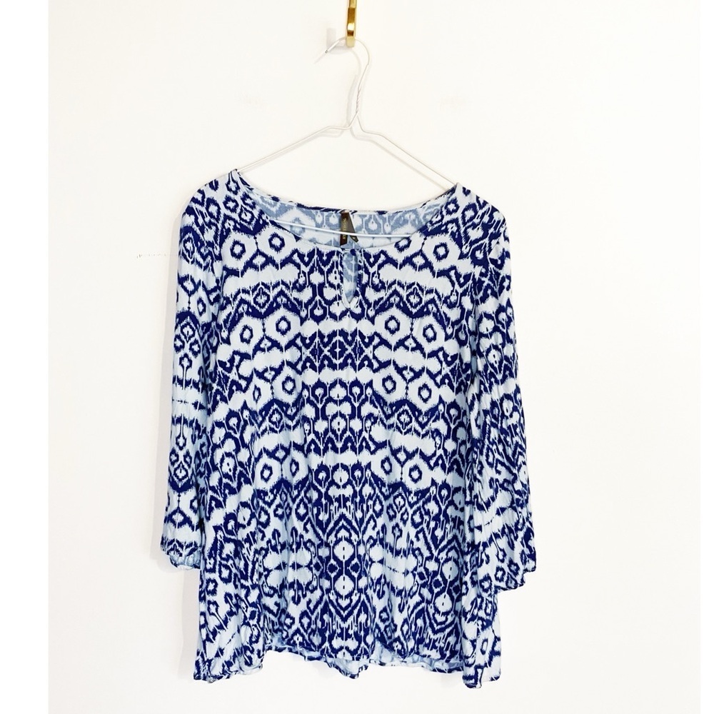 STETSON Ikat Geometric Navy Blue & White Top Womens size M